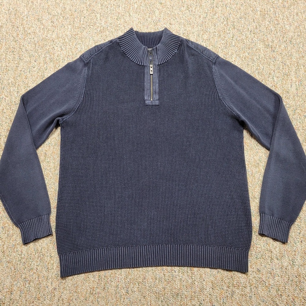 Tommy Bahama Sweater Mens 2XL 1/4 Zip Blue Cotton Waffle Knit Mock Neck Pullover